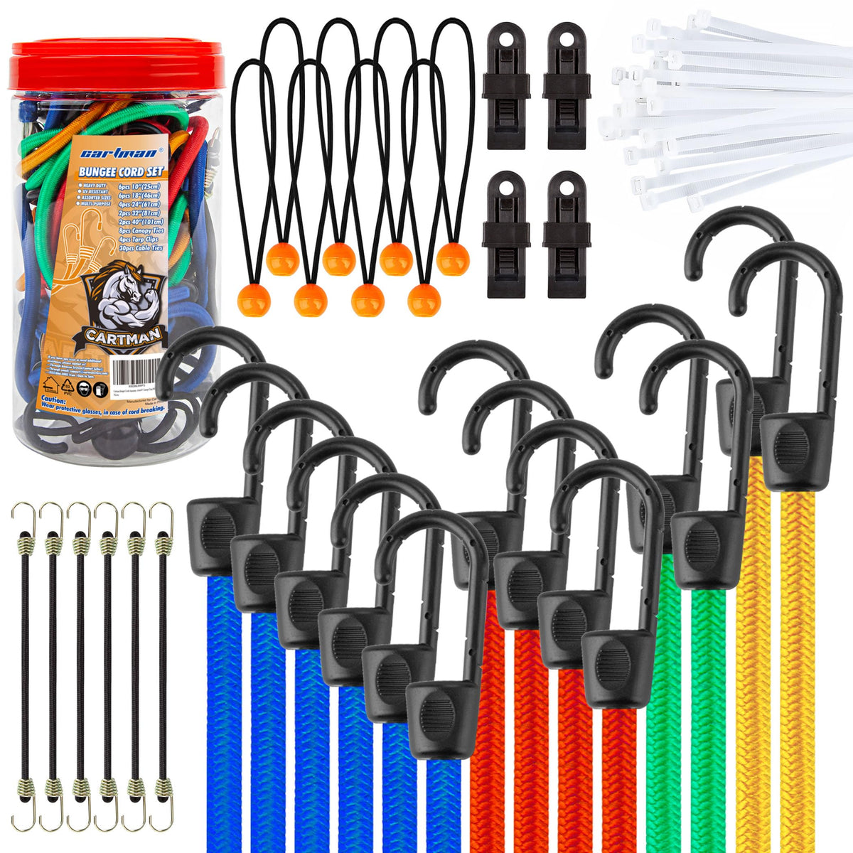 Cartman 32 Piece Bungee Cords Assortment Jar Includes 10" 18" 24" 32" 40" Bungee Cord with Hooks, 8" Canopy Tarp Ball Ties and Tarp Clips 🍁 All In One Marketplace Canada