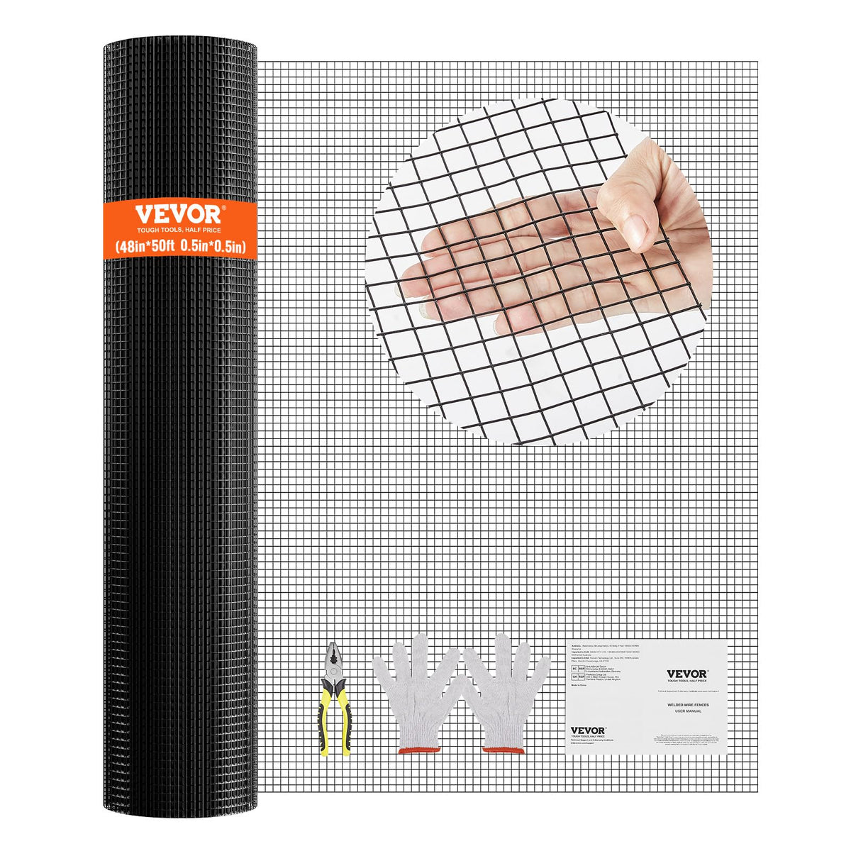 VEVOR Hardware Cloth, 48'' x 50' Galvanized Wire Mesh Roll, 19 Gauge Chicken Wire Fence Roll, Vinyl Coating Metal Wire Mesh for Chicken Coop Barrier, Rabbit Snake Fences, Poultry Enclosures