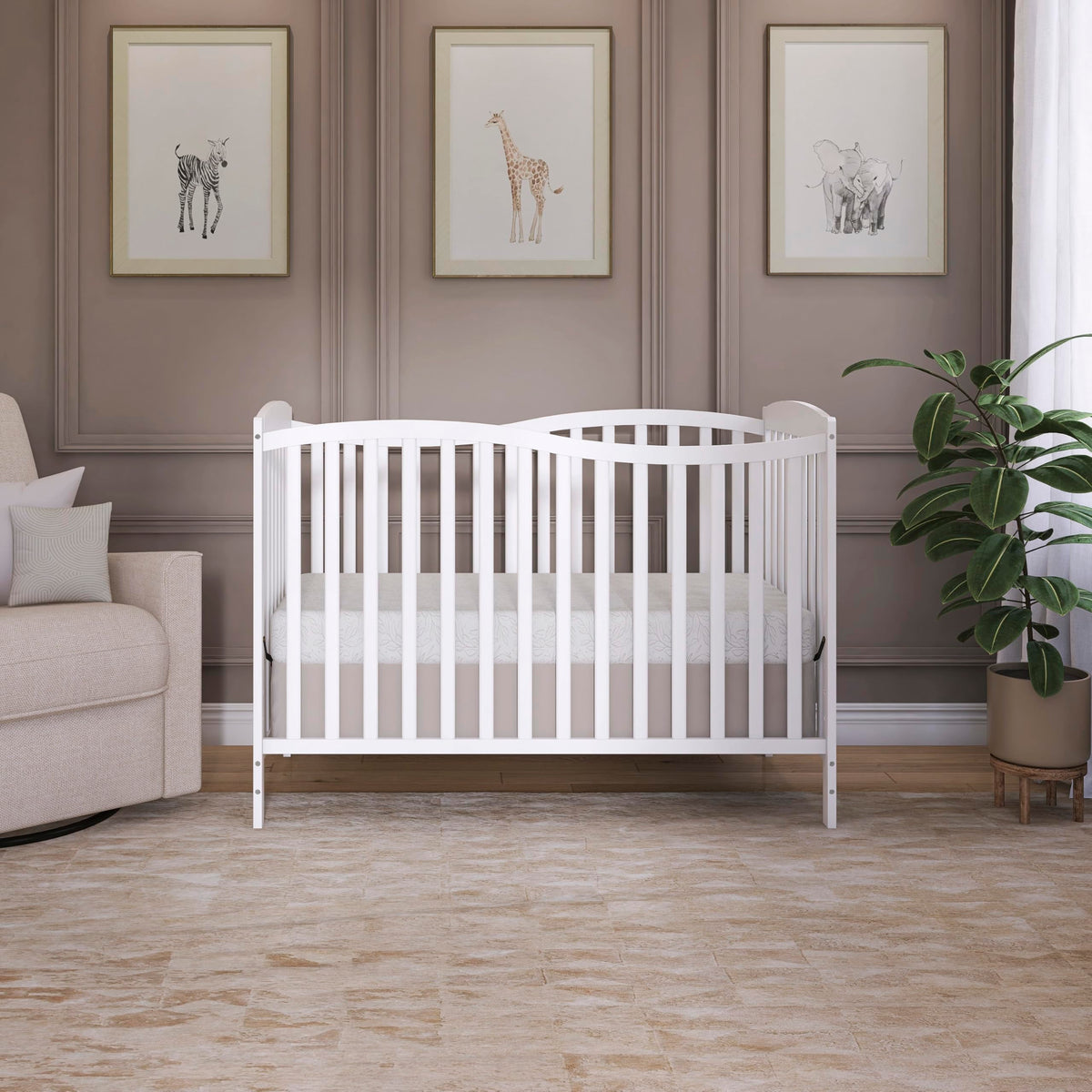Dream On Me Chelsea 5-In-1 Convertible Crib In White, 4 Mattress Height Positions, Non Toxic Finish, JPMA Certified, Made Of Sustainable And Sturdy Pinewood