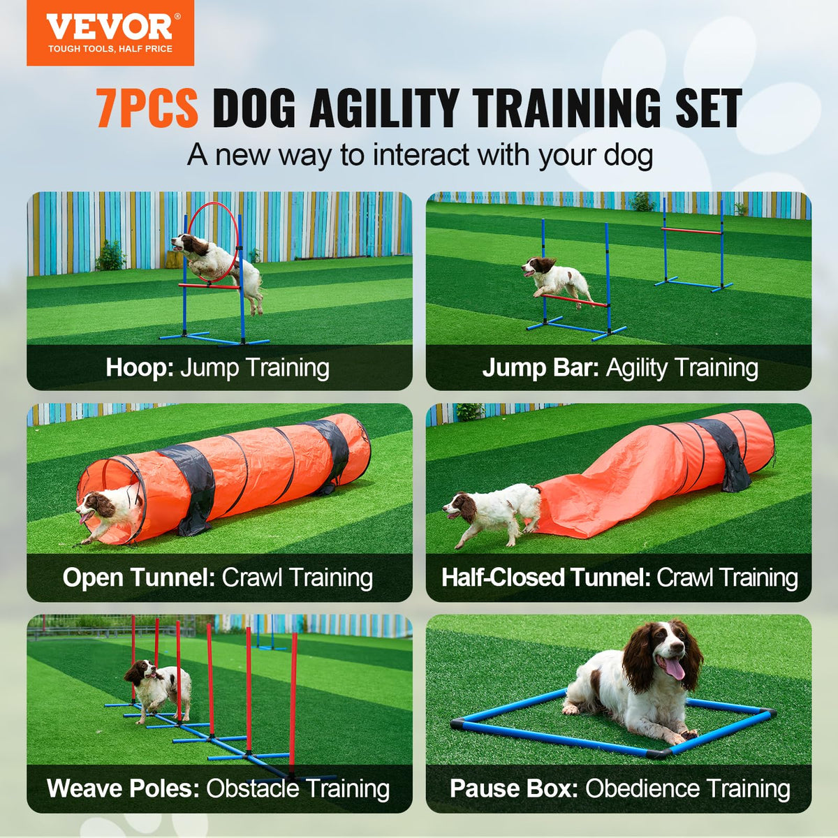 VEVOR Dog Agility Training Equipment, 7 PCS Set Upgrade w/Adjustable High Hurdles,6 Weave Poles,2 Tunnels,Jump Ring,Pause Box, Whistle,Foldable Bowl,Puppy Obstacle Course Kit w/ 3 Bags