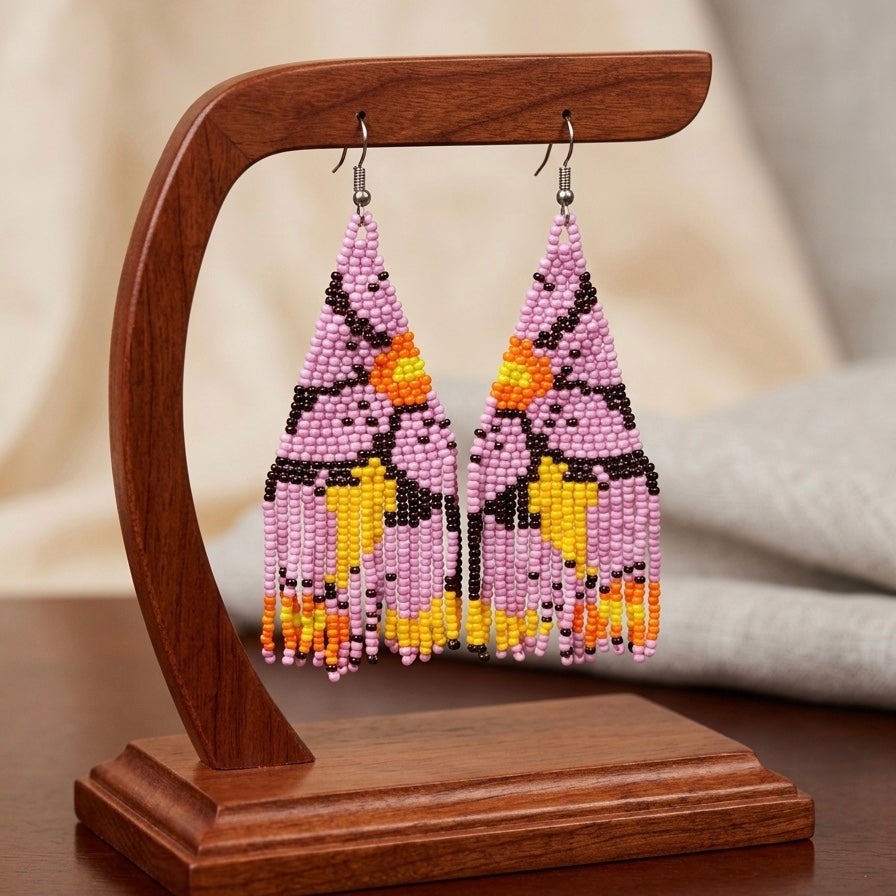 Flower Fringe Beaded Earrings (Purple)-2
