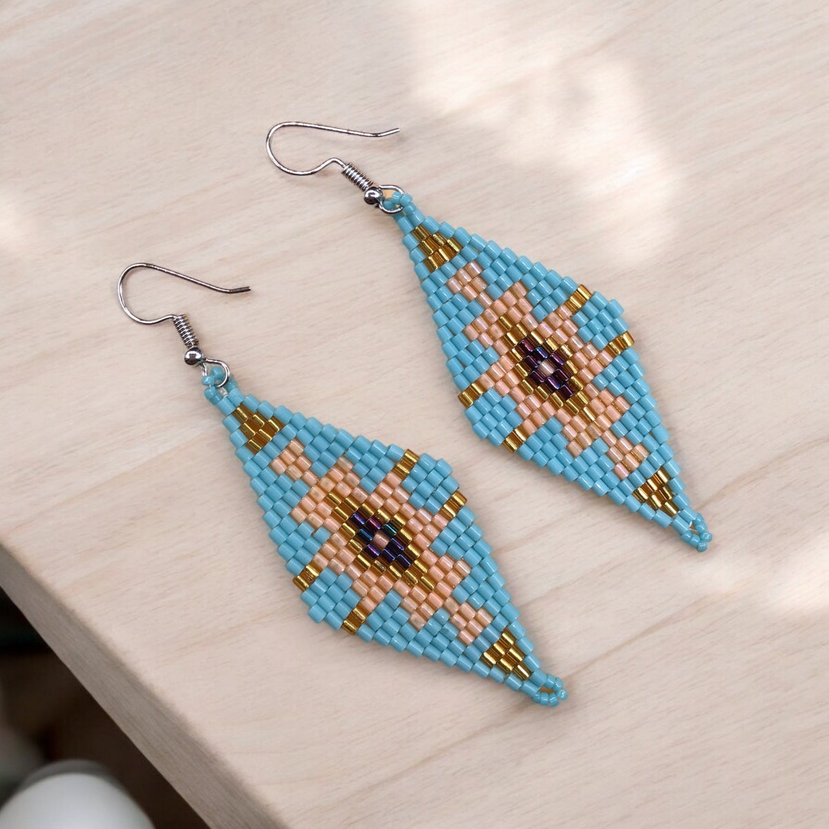 Turquoise and Yellow Miyuki Glass Beaded Earrings-2