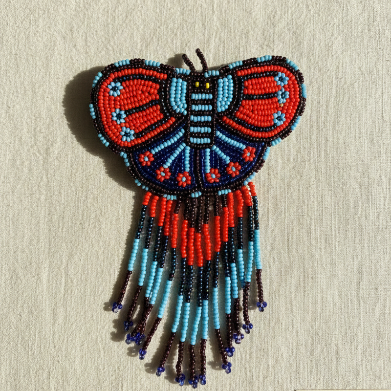 Butterfly Beaded Barrettes with Fringes - Sky Blue & Red-2