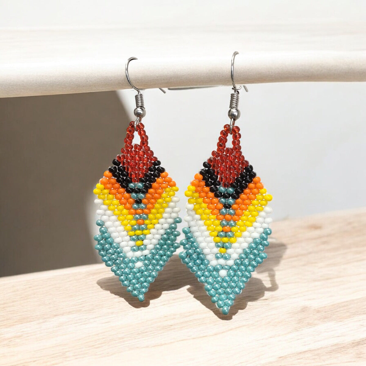 . Turquoise Beaded Feather Drop Earrings-2