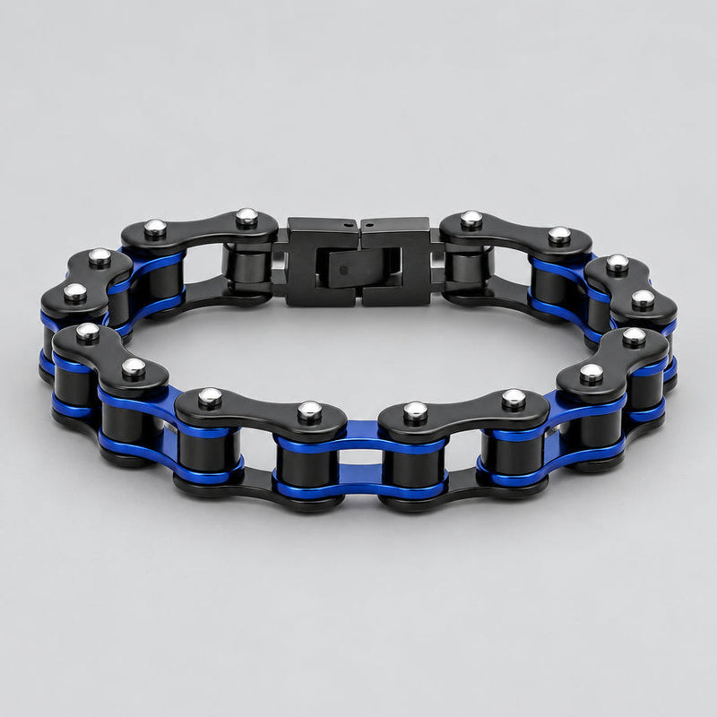 Men’s Two-Tone Black & Blue IP Stainless Steel Bicycle Chain Link Biker Bracelet-1