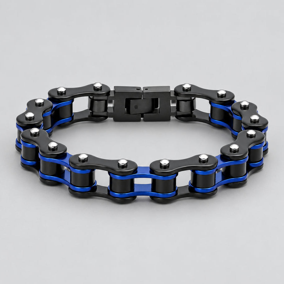 Men’s Two-Tone Black & Blue IP Stainless Steel Bicycle Chain Link Biker Bracelet