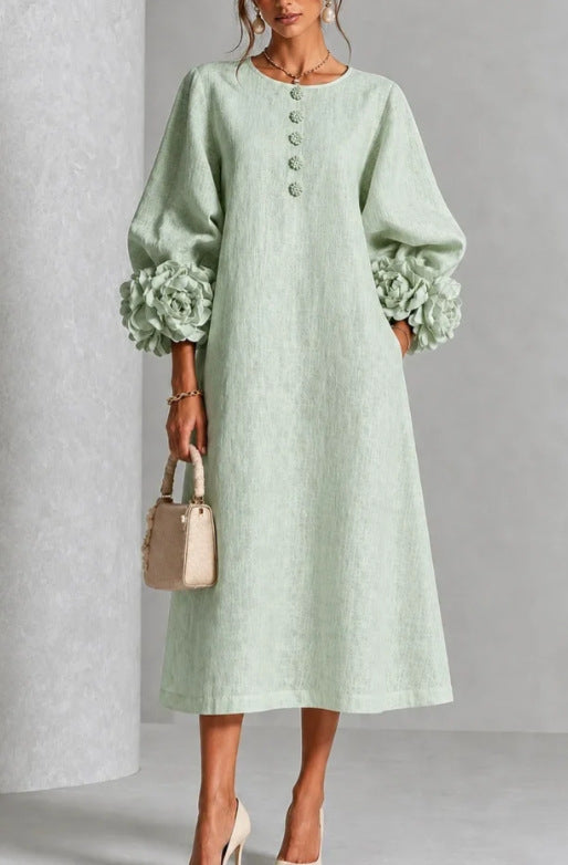 Women’s 3D Floral A-Line Dress – Puff Sleeve French-Style Party & Wedding Dress-8