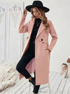 Women’s Double-Breasted Wool Coat – Solid Color Lapel Collar Winter Jacket-1