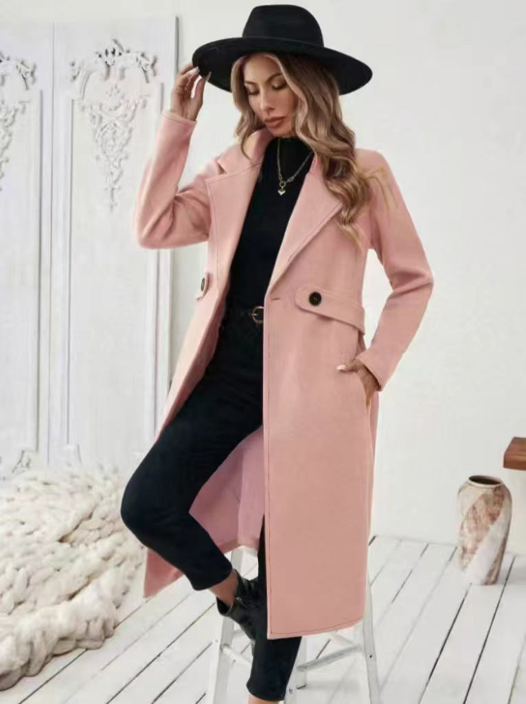 Women’s Double-Breasted Wool Coat – Solid Color Lapel Collar Winter Jacket-1