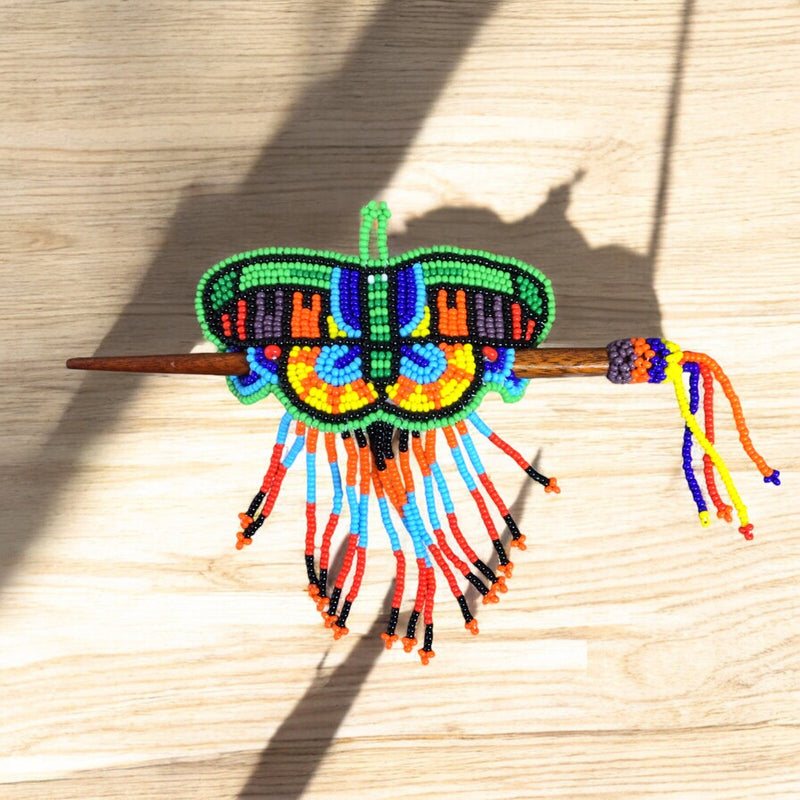 Red and Green Wooden Stick Butterfly Beaded Barrette with Fringes-2