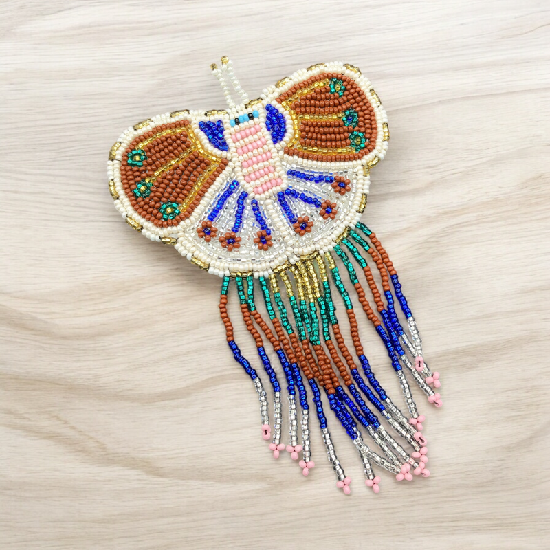 Butterfly Beaded Barrettes with Fringes Brown& White-2