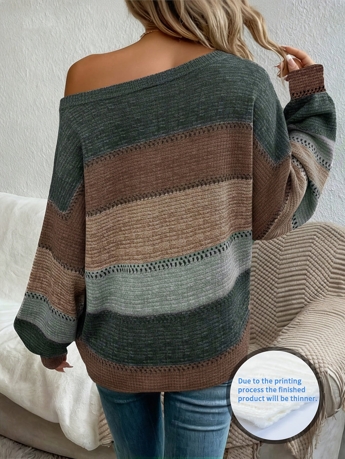 Women’s Striped Off-Shoulder Boat-Neck Sweater – Long-Sleeve Casual Knit Top-2