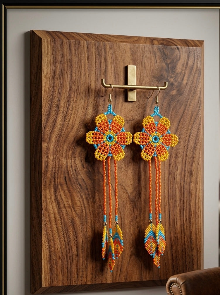 Sun Feather Bloom Beaded Earrings- orange/celest-1