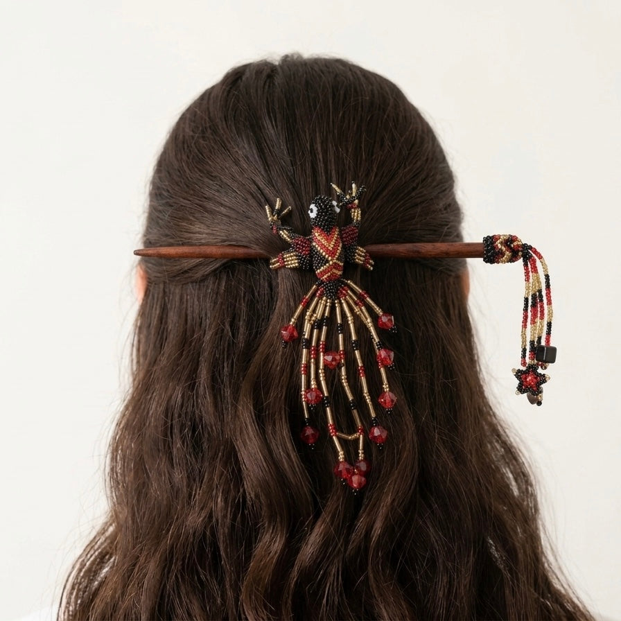 Red & Black Hummingbird Beaded Hair Stick-1
