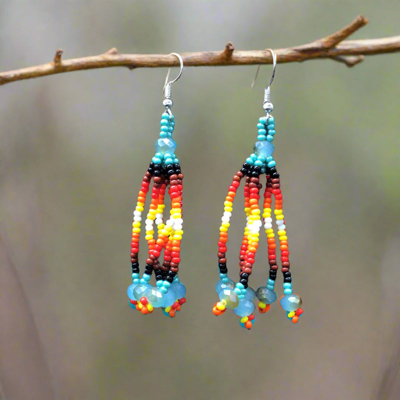 Turquoise Six-Strand Beaded Cascade Earrings-1