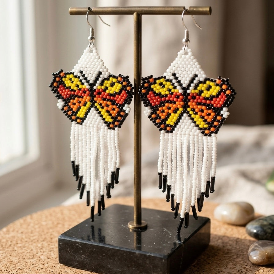 White Beaded Dancing Wing Earrings-4