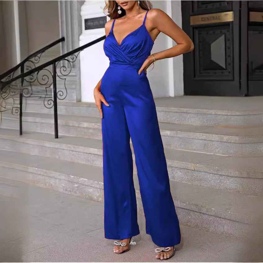Fitted-waist Strapless Chic V-neck Wide-leg Jumpsuit-3