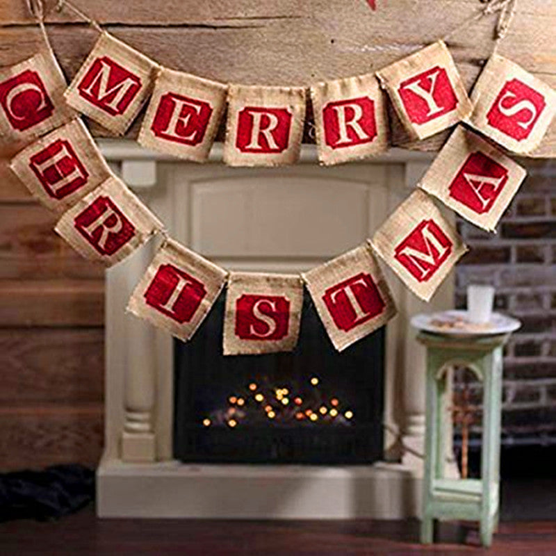 Merry Christmas Burlap Banner Garland, 14pc Sackcloth Flags Decoration-2
