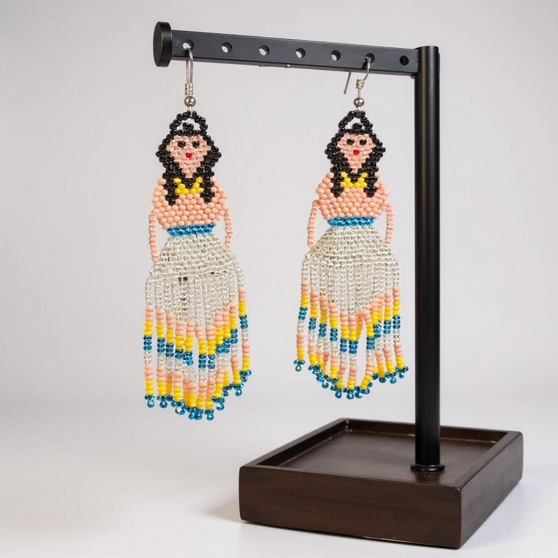 Silver Blue Beaded Ribbon Skirt Dancer Earrings-1