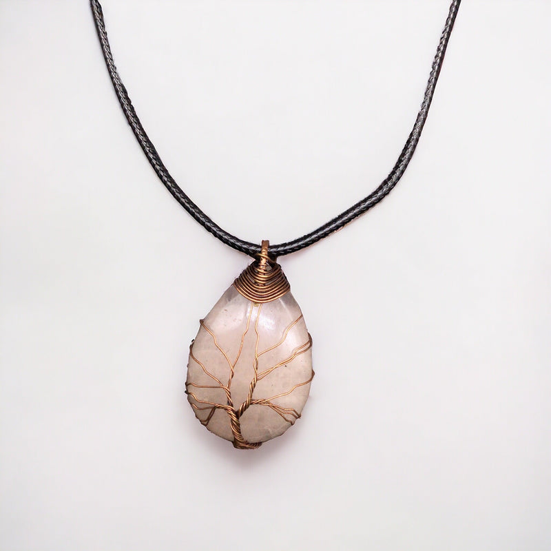 Light pink Gemstone Pendant Wrapped w/ bronze Tree of Life-2