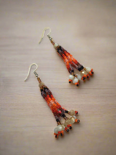 Moss Brown Six-Strand Beaded Cascade Earrings-2