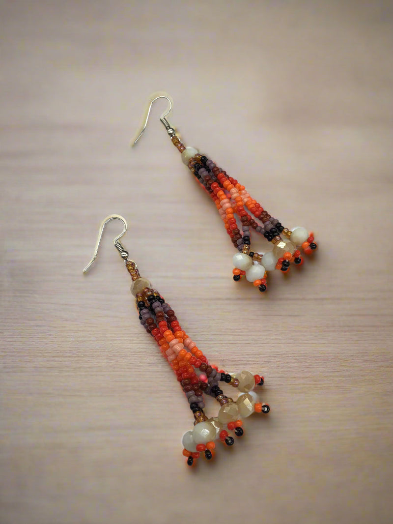 Moss Brown Six-Strand Beaded Cascade Earrings-2
