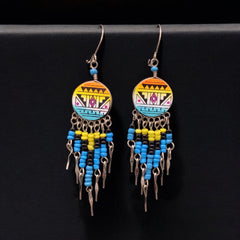 Yellow and Turquoise Southwestern Round Shaped Dangle Earrings-1