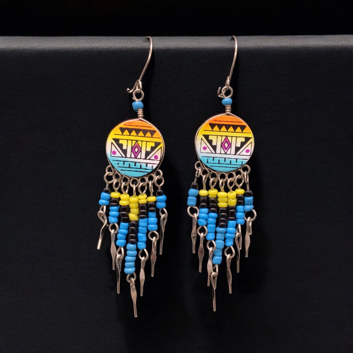 Yellow and Turquoise Southwestern Round Shaped Dangle Earrings