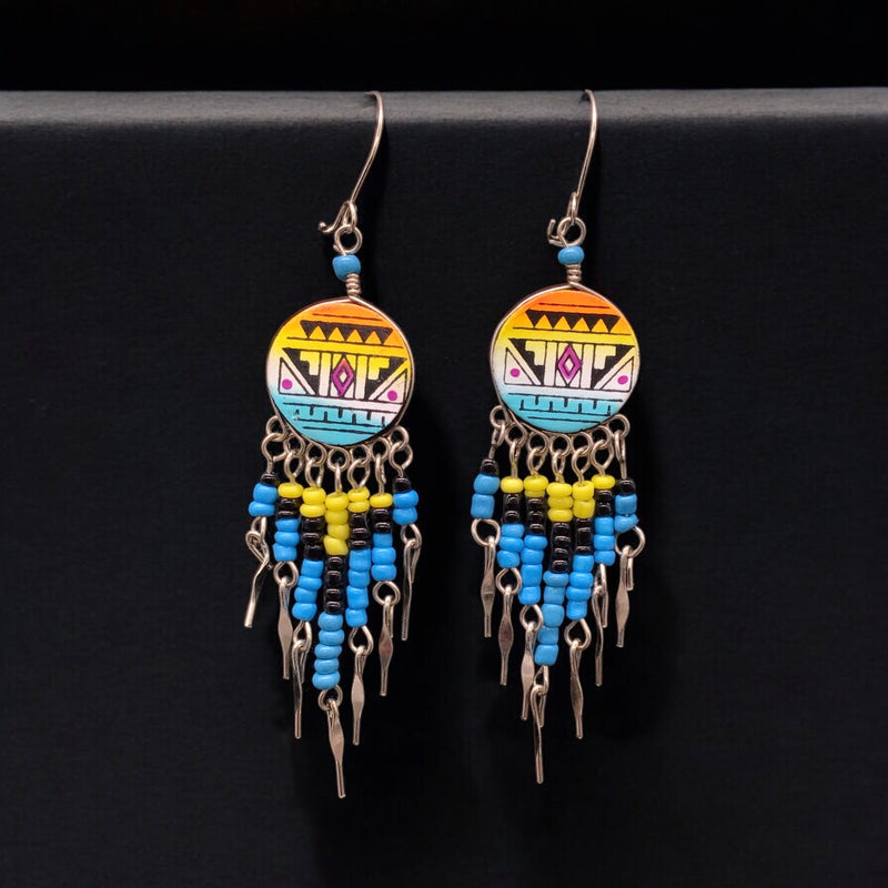 Yellow and Turquoise Southwestern Round Shaped Dangle Earrings-1
