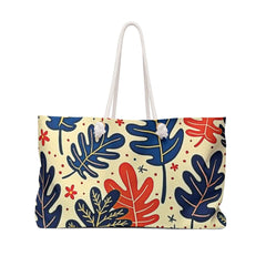 Abstract Tropical Leaves Weekender Bag | Blue Orange Leaf Pattern, Large Tote Bag-1