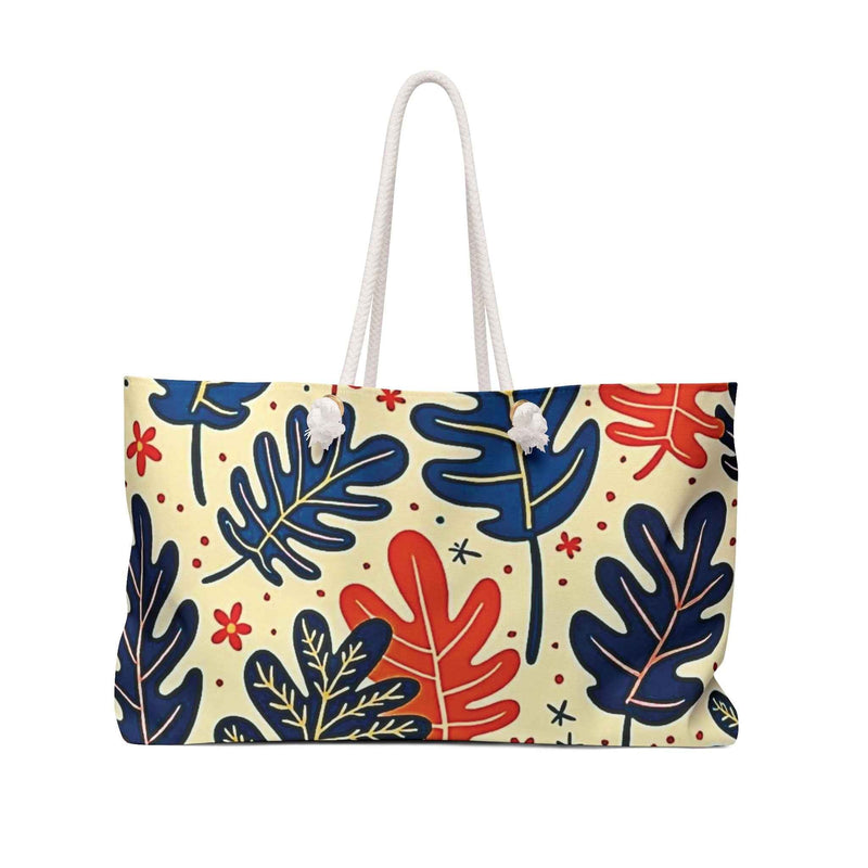 Abstract Tropical Leaves Weekender Bag | Blue Orange Leaf Pattern, Large Tote Bag-1