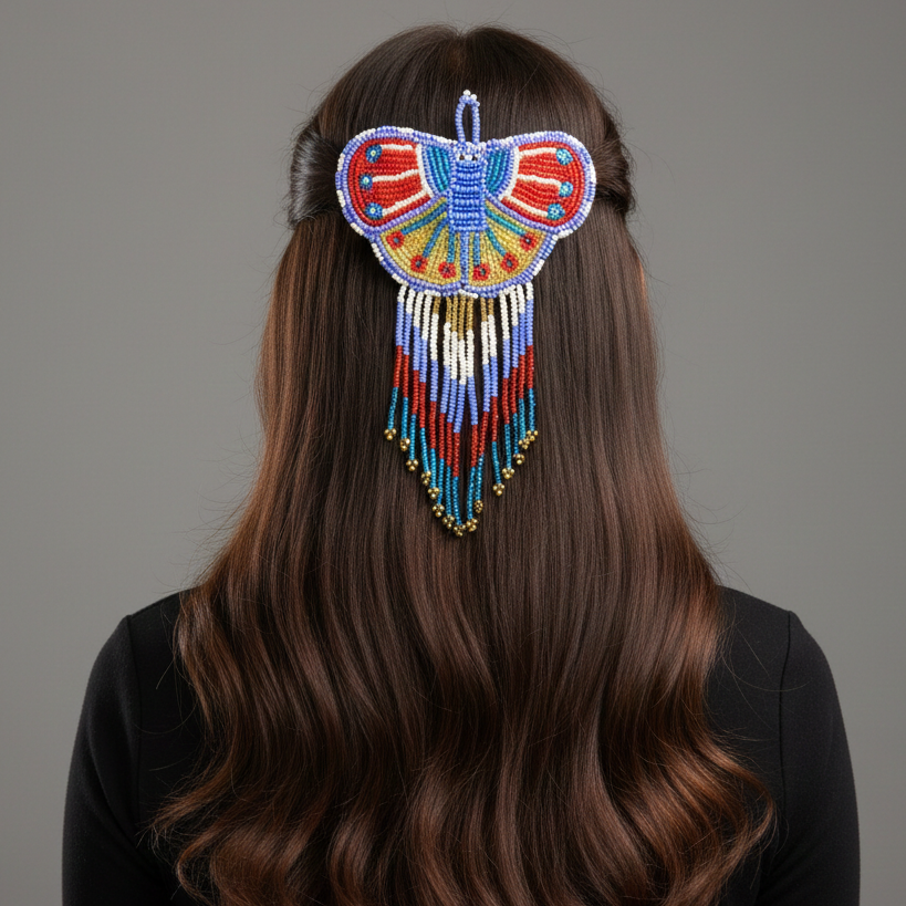 Butterfly Beaded Barrettes with Fringes Red& Purple-1