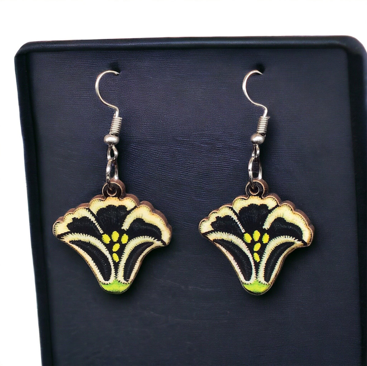 Painted Black Flower Wood Earrings-1