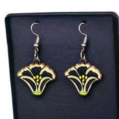 Painted Black Flower Wood Earrings-1