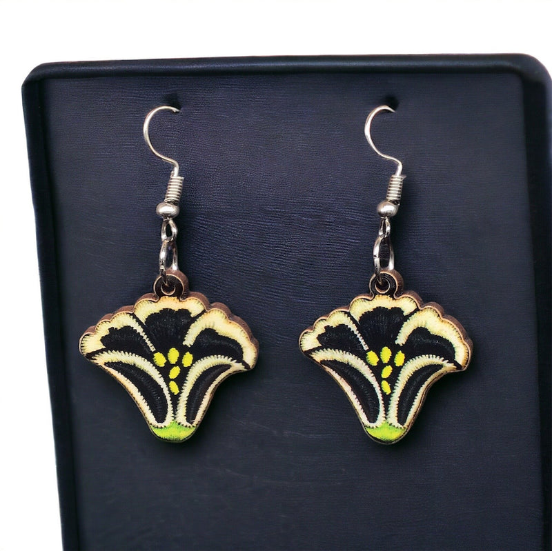 Painted Black Flower Wood Earrings-1