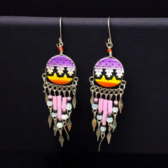 Purple and Yellow Southwestern Round Shaped Dangle Earrings-1