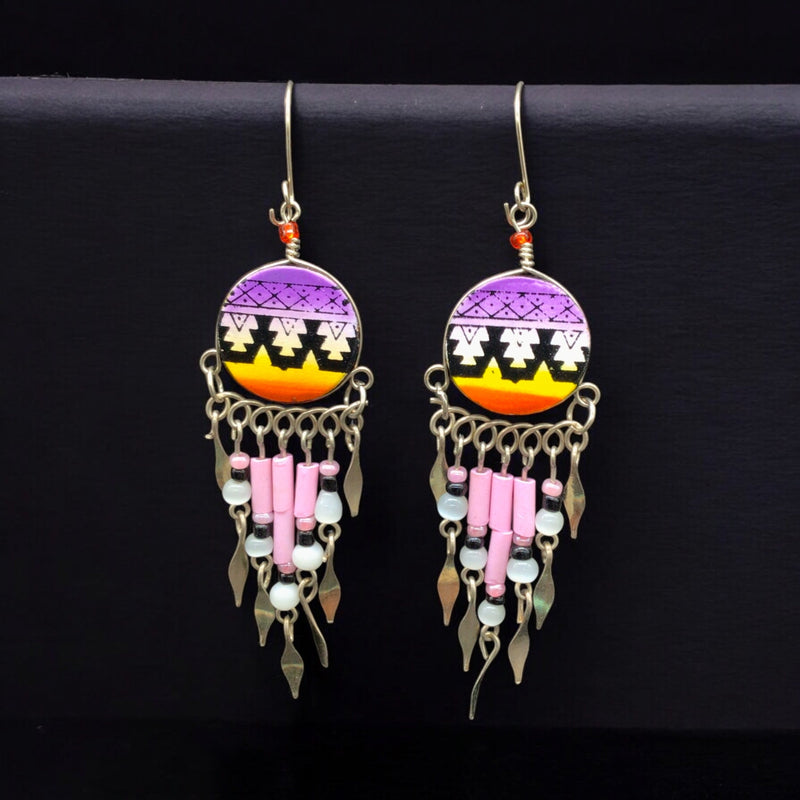 Purple and Yellow Southwestern Round Shaped Dangle Earrings-1