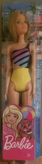 Barbie Beach Doll – Blonde with Striped Swimsuit (UPC: 887961804171)