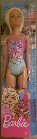 Barbie Beach Doll – Blonde with Pink & Blue Swimsuit (UPC: 887961804188)