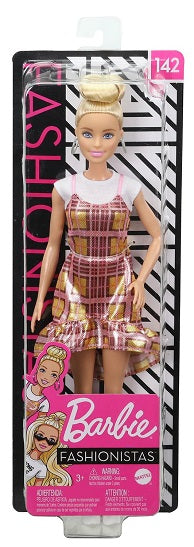 Barbie Fashionistas Doll #143 – Blonde Updo & Rainbow Dress (UPC: 887961804287)