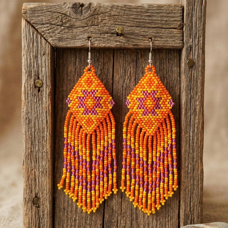 Fringe Bead Drop Earrings (Orange)-1