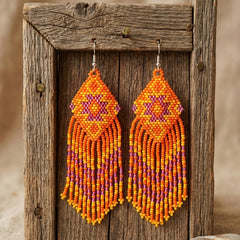 Fringe Bead Drop Earrings (Orange)-1
