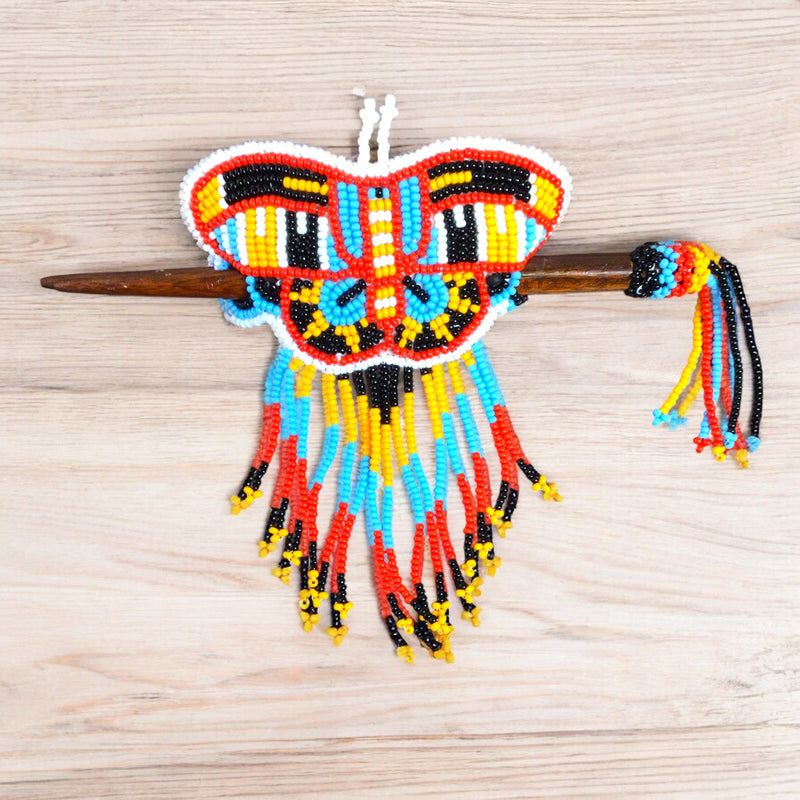 Red and Yellow Wooden Stick Butterfly Beaded Barrette with Fringes-2