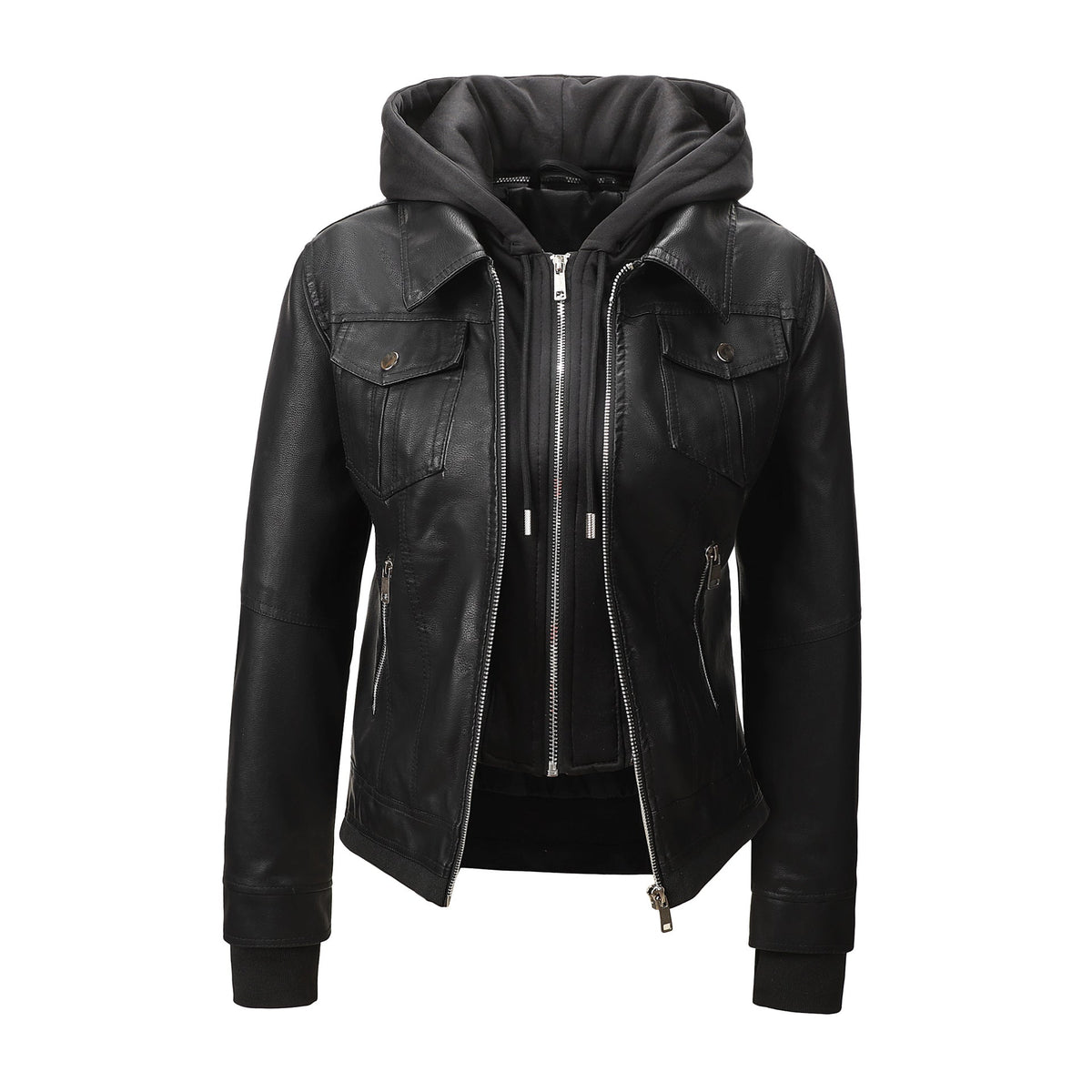 Women’s Faux Leather Biker Jacket with Detachable Hood – Slim-Fit Waist-Cinching Motorcycle Coat-3