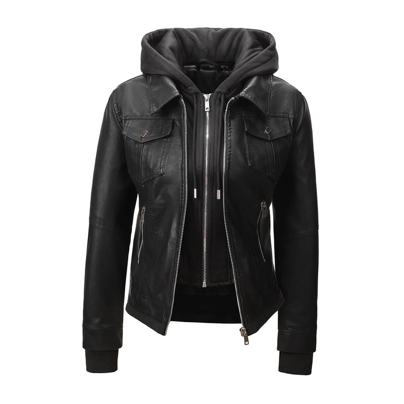 Women’s Faux Leather Biker Jacket with Detachable Hood – Slim-Fit Waist-Cinching Motorcycle Coat-3