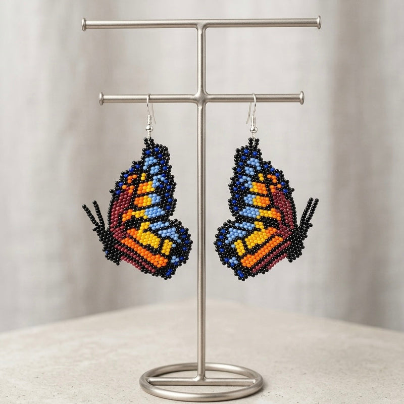 Blue Beaded Butterfly Wing Earrings-1
