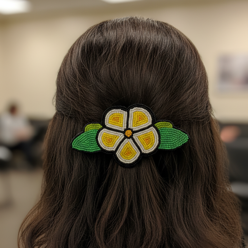 Yellow and Black Beaded Flower Barrette-1