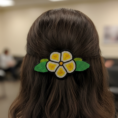 Yellow and Black Beaded Flower Barrette-1