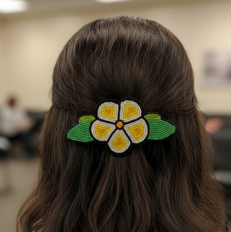 Yellow and Black Beaded Flower Barrette-1