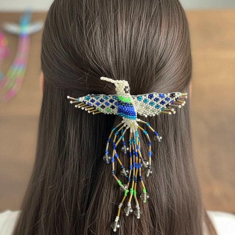 White Hummingbird Barrette with Fringes-1